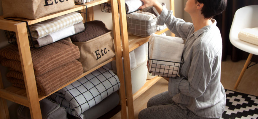 Spring,Cleaning,Of,Closet.,Vertical,Tidying,Up,Storage.,Neatly,Folded